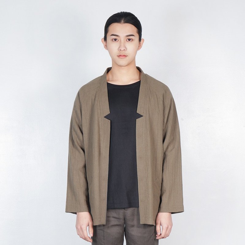 黑白切 SS 前片拉克兰无扣外套  焦茶 - 男装外套 - 棉．麻 咖啡色