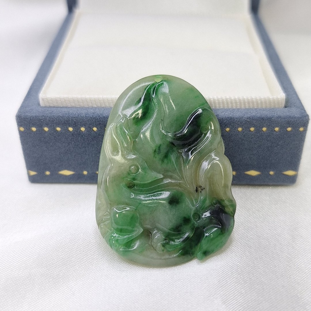 黄加绿 辣绿飘花 九尾狐 吊坠 | 天然缅甸玉A货翡翠 - 项链 - 玉石 