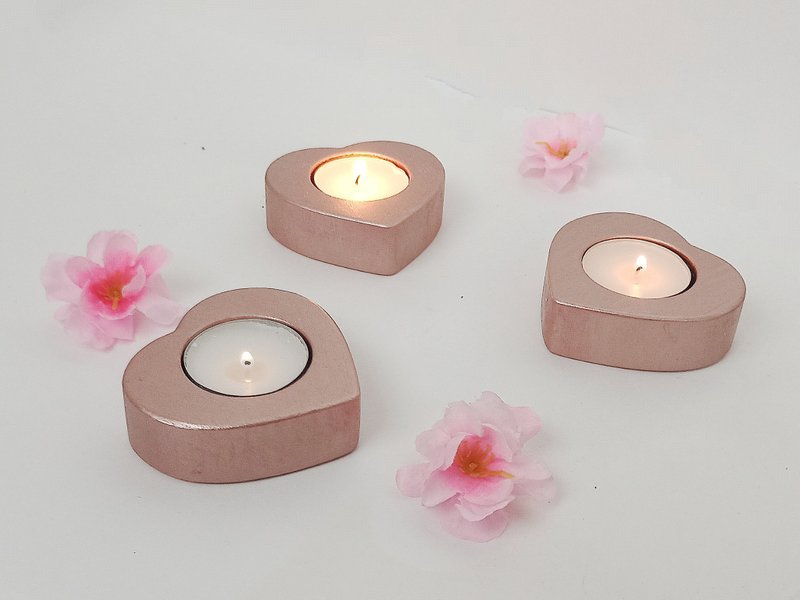Rose Gold Heart Mini Tealight Candle Holder Valentine's Day Decor Romantic - 蜡烛/烛台 - 木头 粉红色