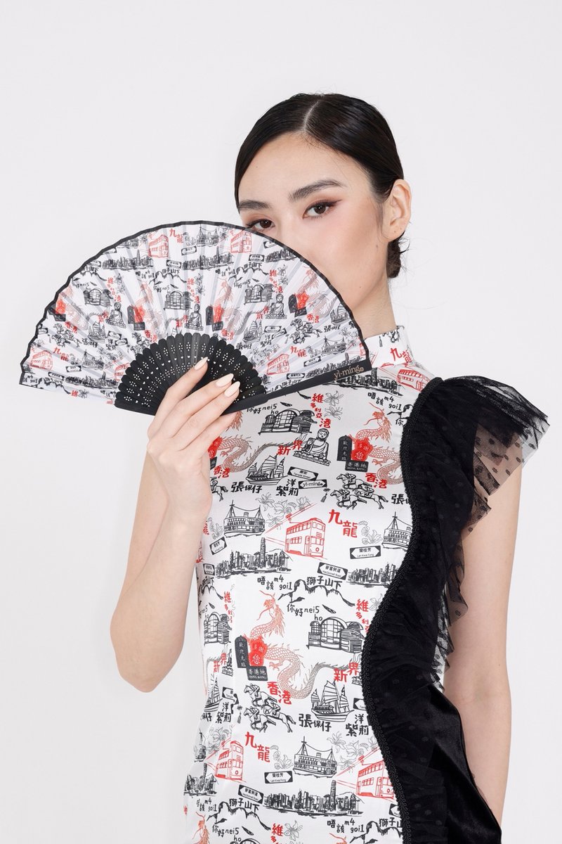 POLA 香港印花中式折扇 - 扇子 - 竹 黑色