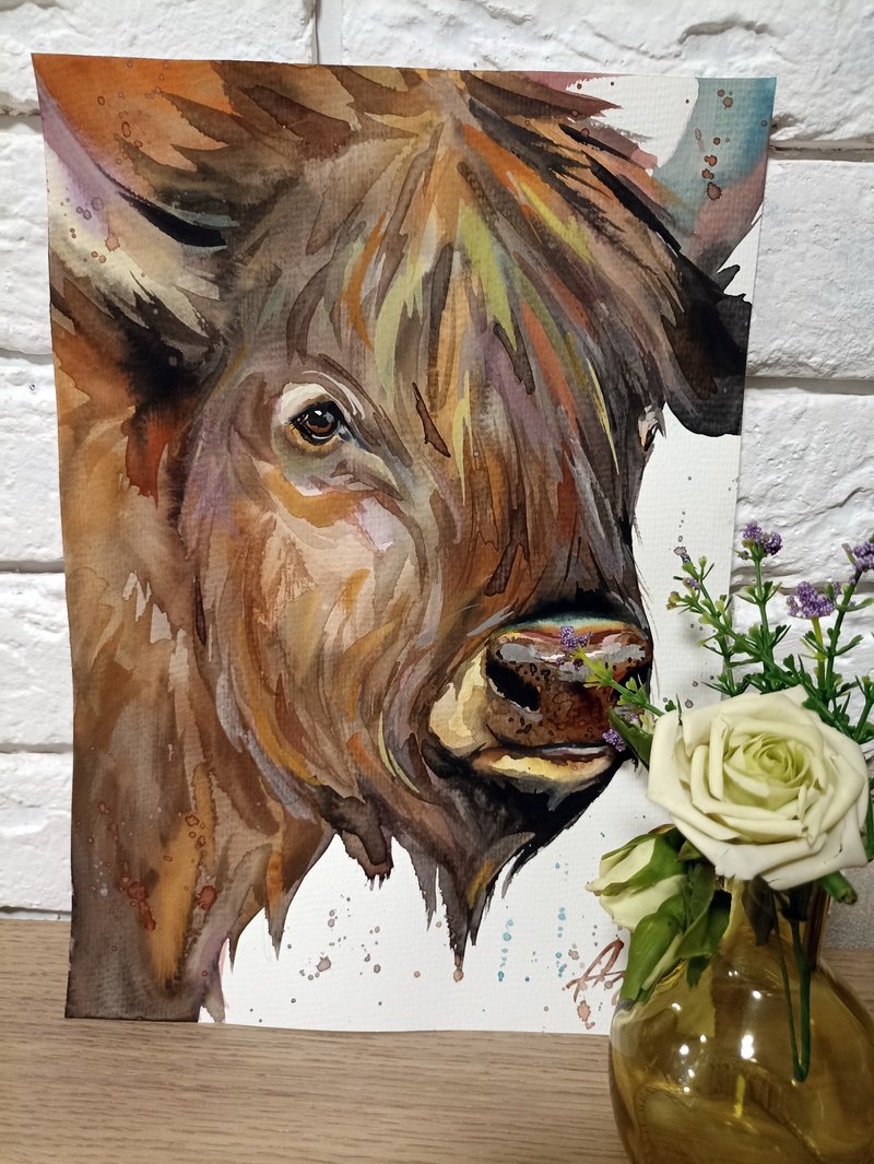 Watercolor original animal bizon cow room decor painting by Anne Gorywine - 墙贴/壁贴 - 纸 