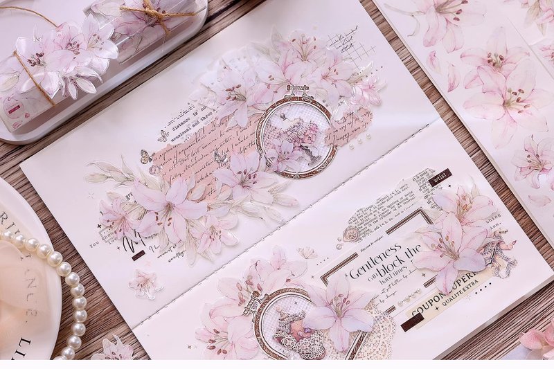 粉百合 轻复古温柔粉花卉 和纸胶带 PET 手帐拼贴 - 纸胶带 - 其他材质 多色