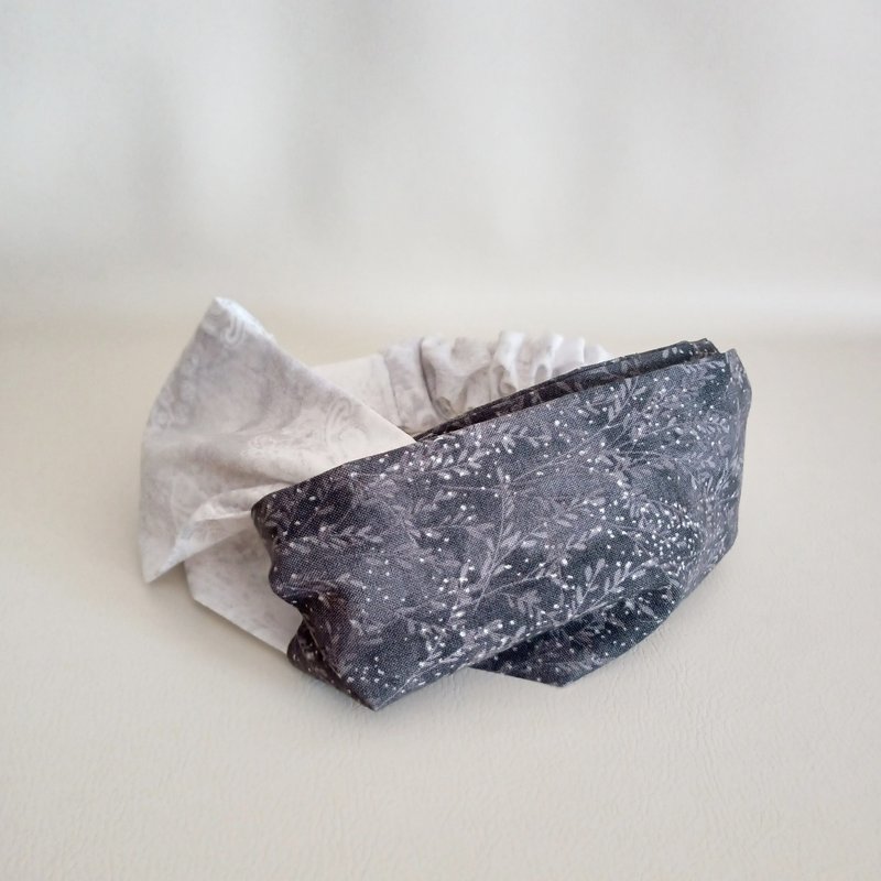 交叉款发带 发箍 亮灰植物图案 29 - 发带/发箍 - 棉．麻 灰色