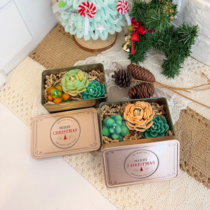 多肉植物造型香氛蜡烛铁盒礼盒 - 蜡烛/烛台 - 蜡 