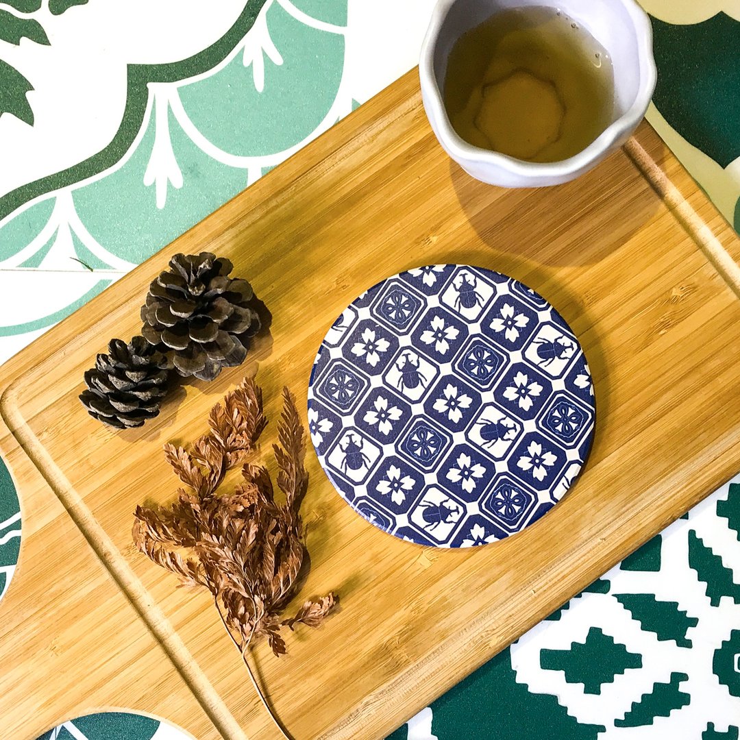 圆滚滚杯垫 ∣ 青花独角仙 - 杯垫 - 陶 蓝色