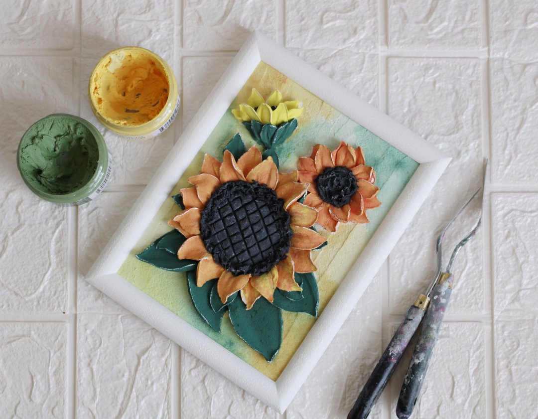 Sunflowers painting, textured wall art, sculpture painting, housewarming gift - 墙贴/壁贴 - 其他材质 