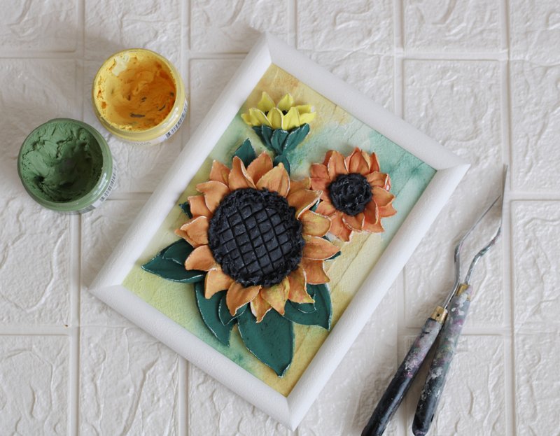 Sunflowers painting, textured wall art, sculpture painting, housewarming gift - 墙贴/壁贴 - 其他材质 