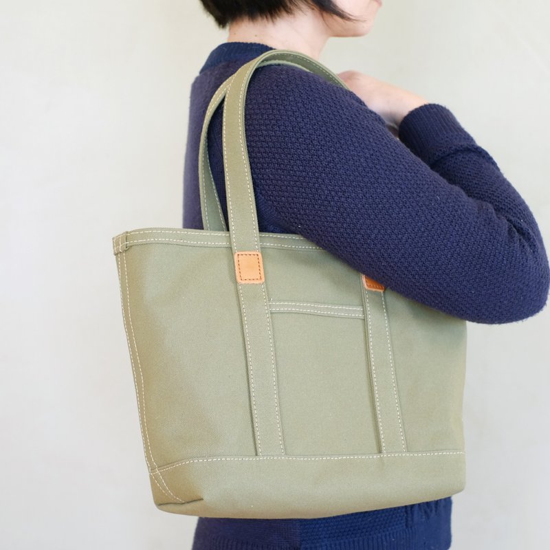 皮革与帆布托特包 M 苔藓绿 - 手提包/手提袋 - 棉．麻 绿色