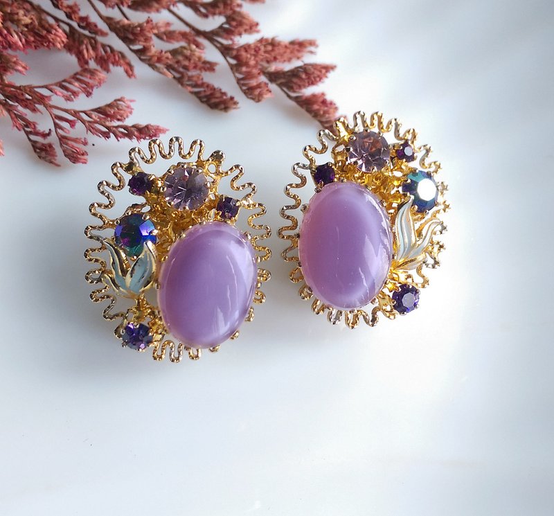 【西洋古董饰品 】  淡紫花簇 唯美 夹式耳环 - 耳环/耳夹 - 其他材质 金色