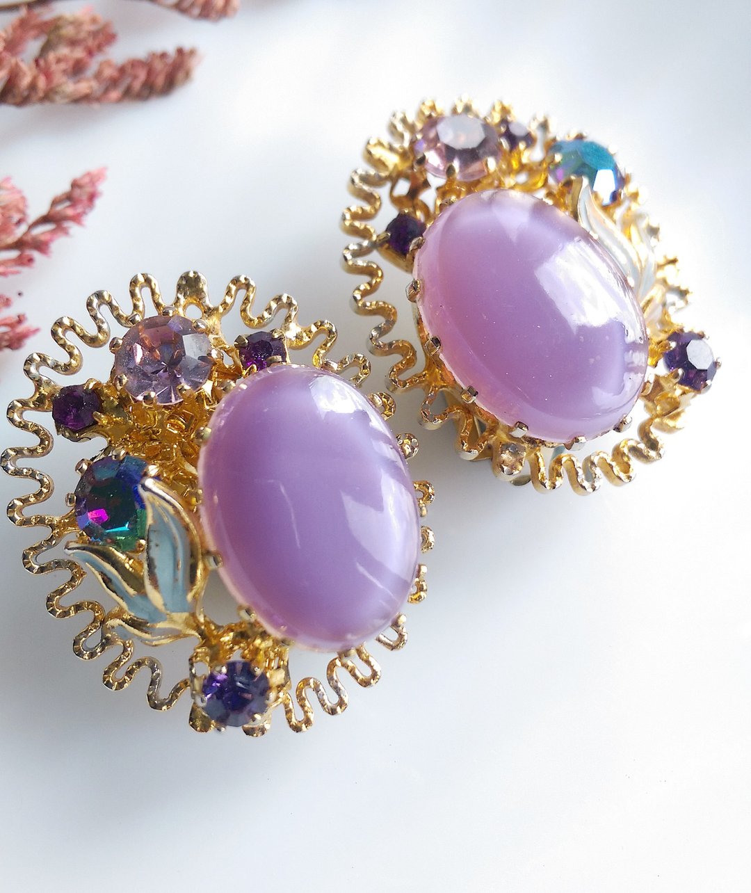 Vintage Jewelry  淡紫花簇 唯美 夹式耳环 - 耳环/耳夹 - 其他材质 金色
