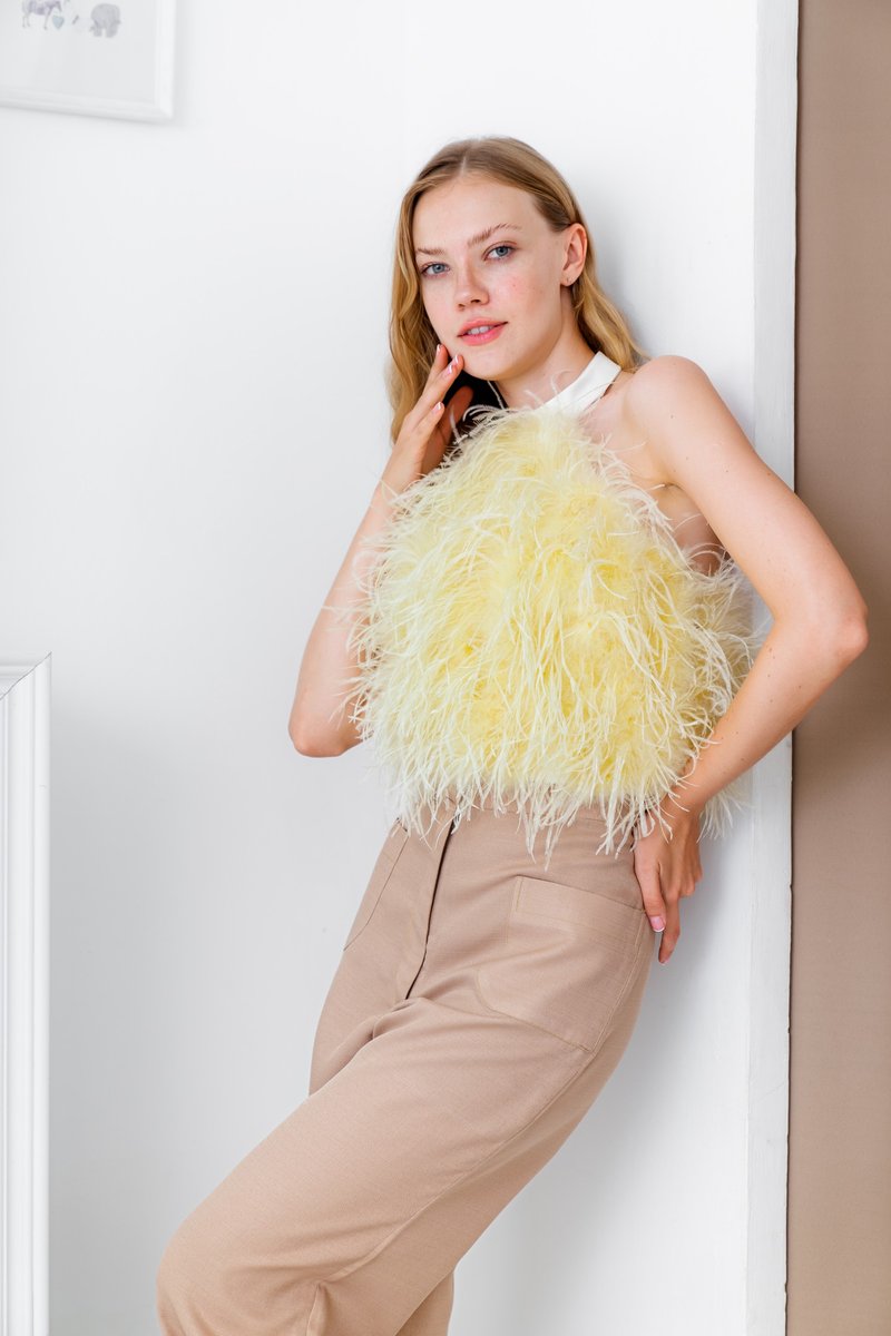 Jane cream boas feathers halter top for women - 女装上衣 - 聚酯纤维 白色