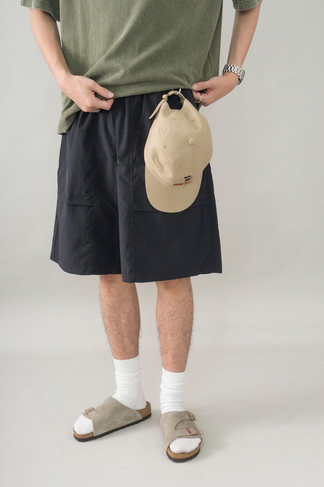 SHORTS 夏季黑色尼龍短褲 日系寬鬆剪裁休閒五分褲 彈性腰圍 - 男士长裤 - 尼龙 黑色