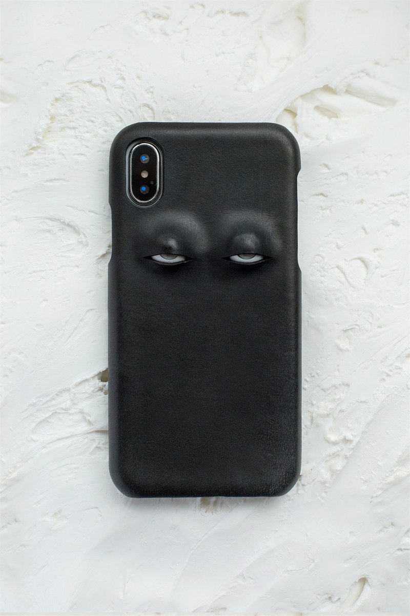黑色 翻白眼系列 手工真皮iPhone手機殼 保護套 意大利植鞣牛皮 - 手机壳/手机套 - 真皮 黑色