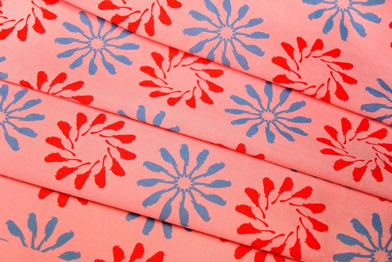 宽幅平织印花棉布/乌秋圈圈/桃粉天蓝橘 - 编织/刺绣/羊毛毡/裁缝 - 棉．麻 粉红色