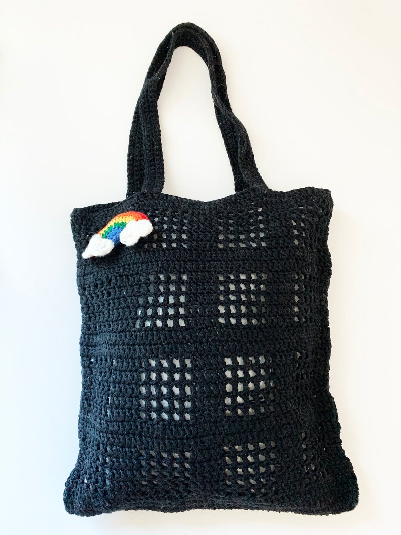 鈎织棉线方格通花网托特包 - 手提包/手提袋 - 棉．麻 黑色