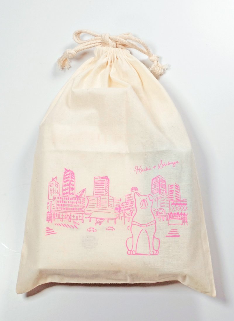 Hachi&Shibuya L尺寸束口袋 - 化妆包/杂物包 - 棉．麻 白色