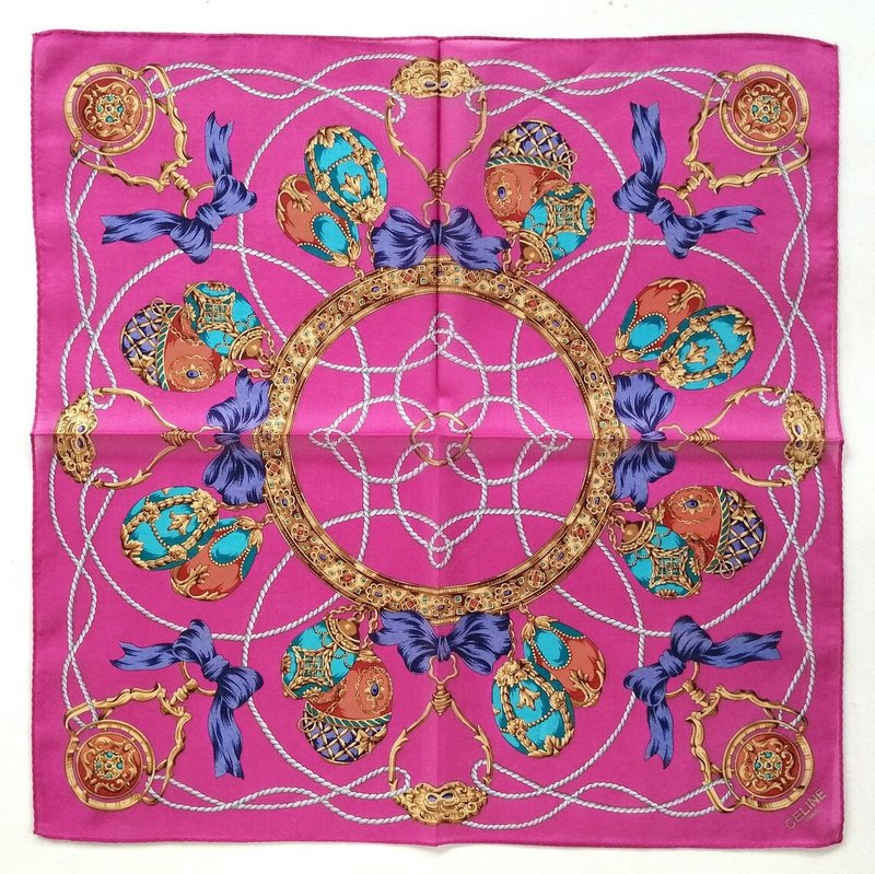 CELINE 印花手帕 – 彩蛋与丝带图案 18.5 x 18 英寸 - 丝巾 - 棉．麻 粉红色