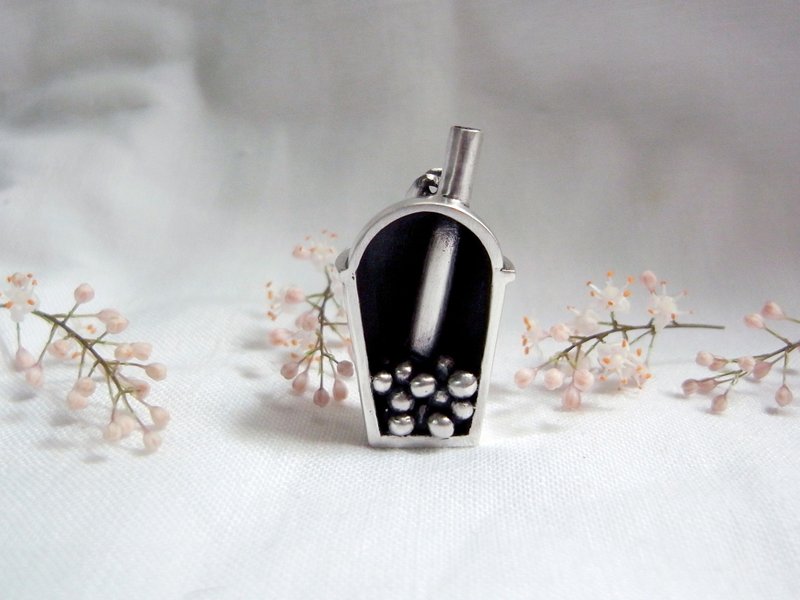 小杯珍珠奶茶 | 纯银项链坠子 | 手工限量附蜡绳 - 项链 - 银 银色