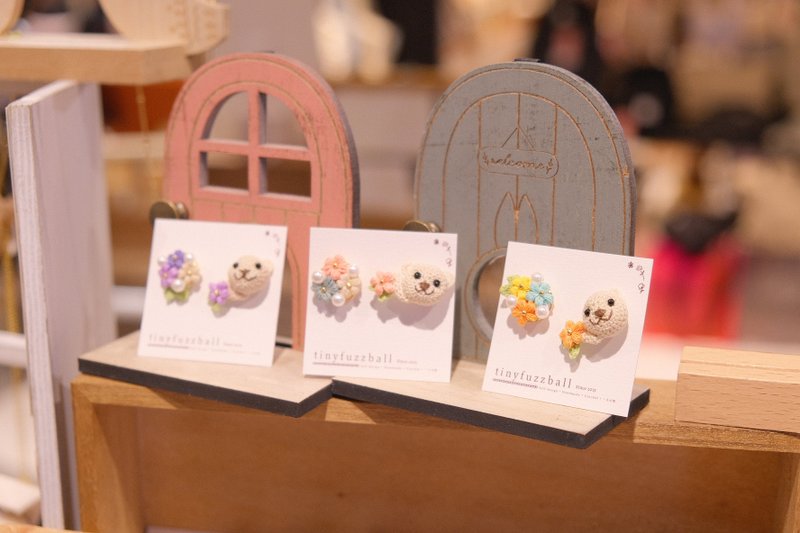 鈎针编织 招手小熊 - 耳环/耳夹 - 棉．麻 