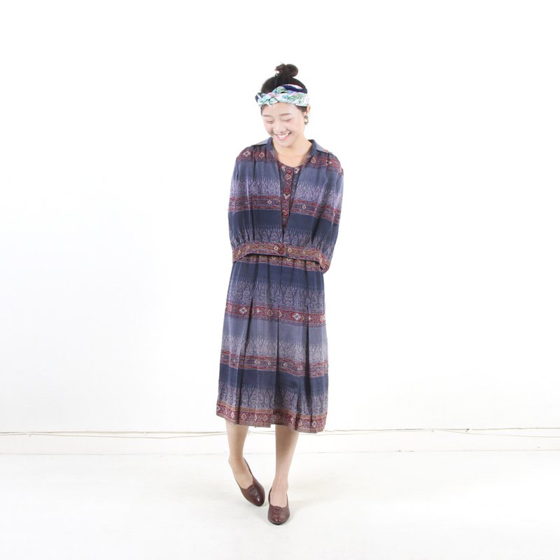 【蛋植物古着】芳桂印花两件式古着洋装套装 - 洋装/连衣裙 - 聚酯纤维 紫色