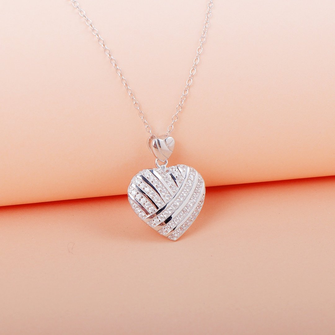 Genuine 925 Sterling Silver Pave Crystal Heart Pendant Necklace - 项链 - 纯银 银色