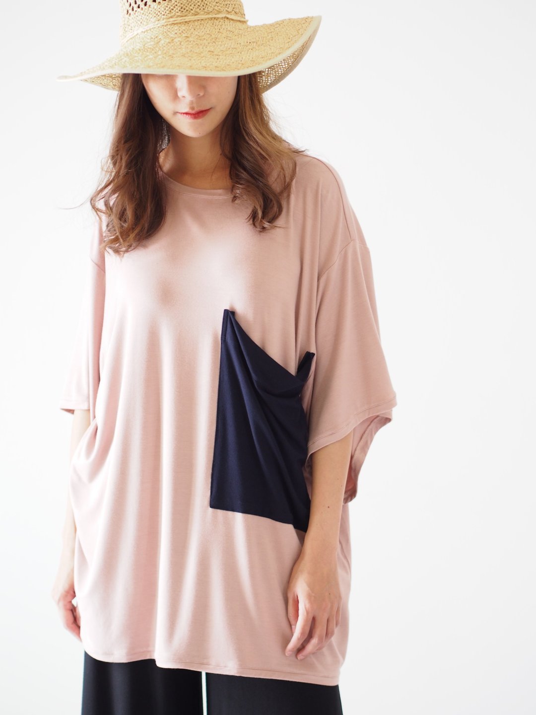 ฺByTheSea T Dress Side Slit - NudeNavy - 女装 T 恤 - 棉 粉红色
