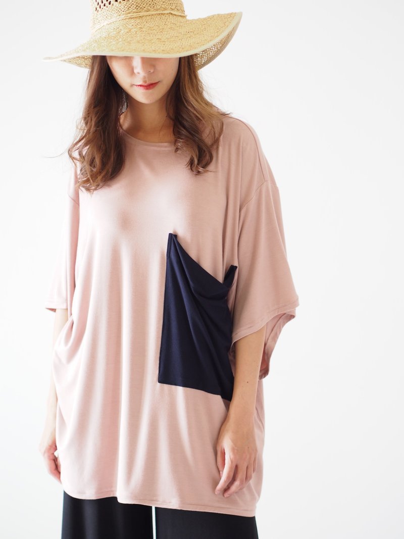 ฺByTheSea T Dress Side Slit - NudeNavy - 女装 T 恤 - 棉．麻 粉红色