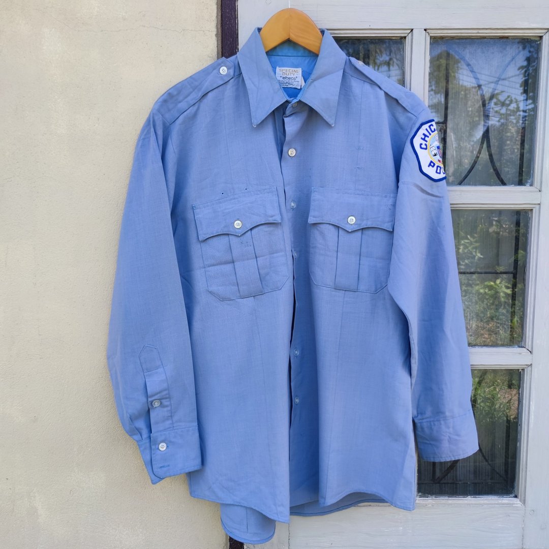 复古 70 年代芝加哥警察官方制服衬衫 - 男装衬衫 - 棉 蓝色