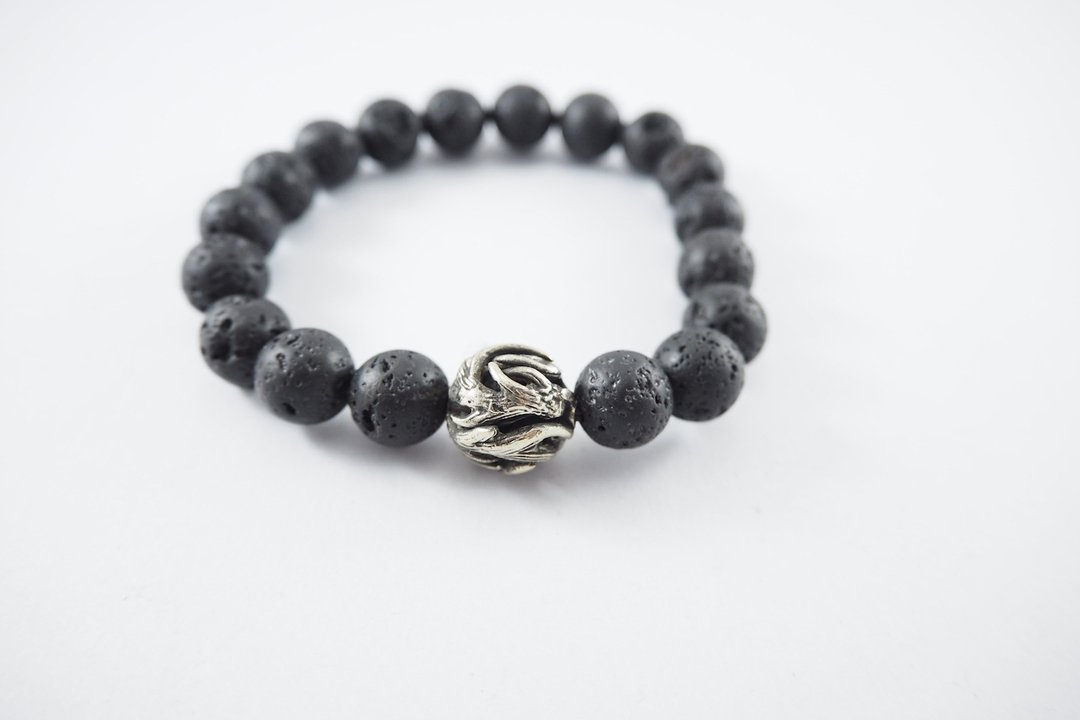 Horn bead 10 mm.Lava stone bracelet in white bronze ,men jewelry  - 手链/手环 - 其他金属 银色