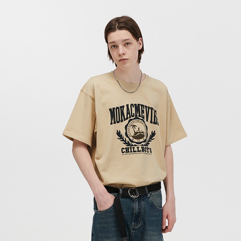 MOKACME 2023SS 春夏原创设计街头潮流夏日海边船徽印花T男女 - 男装上衣/T 恤 - 棉．麻 卡其色