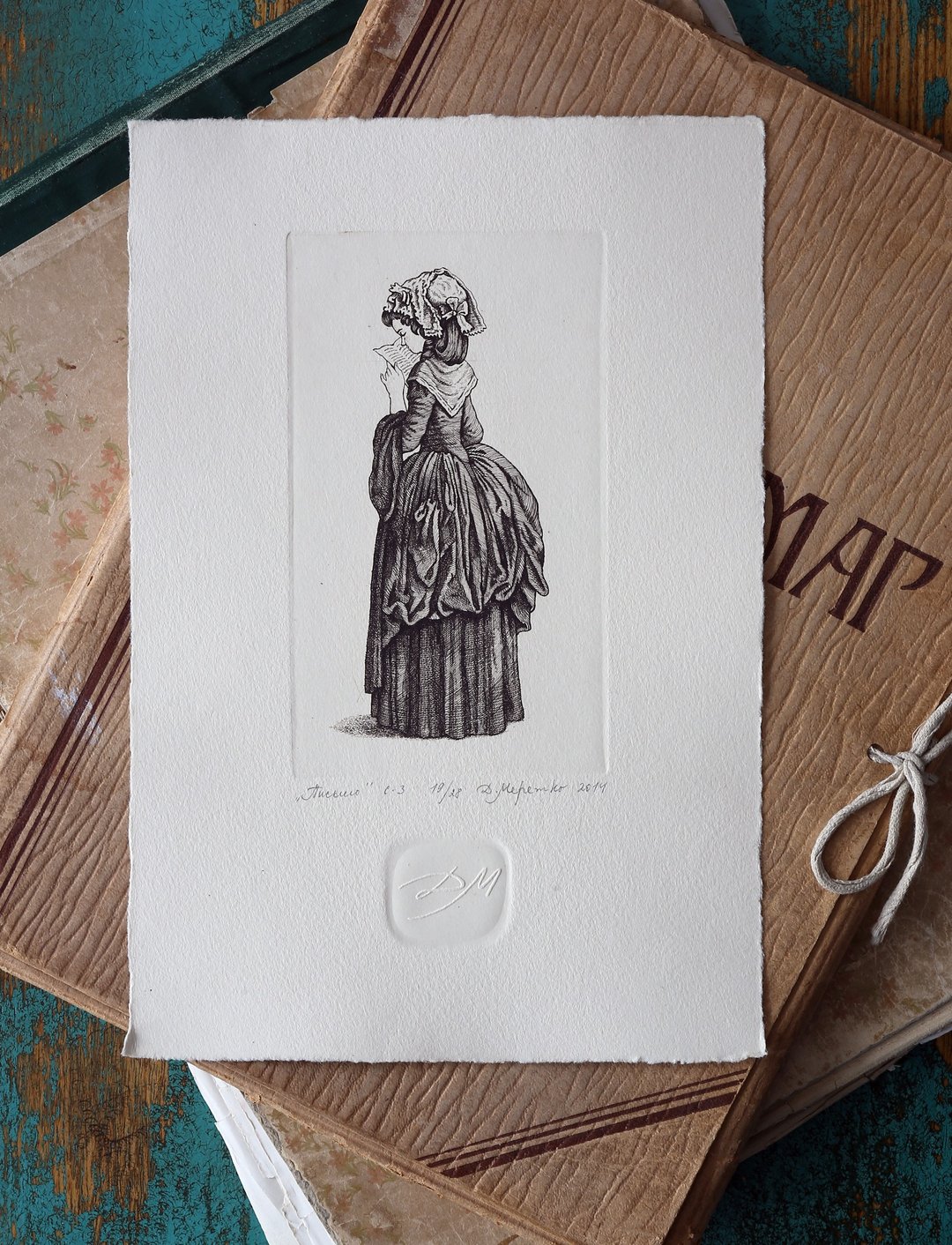 Girl with the Letter Etching Print, Original Miniature, Nostalgic Art Card - 海报/装饰画/版画 - 纸 白色
