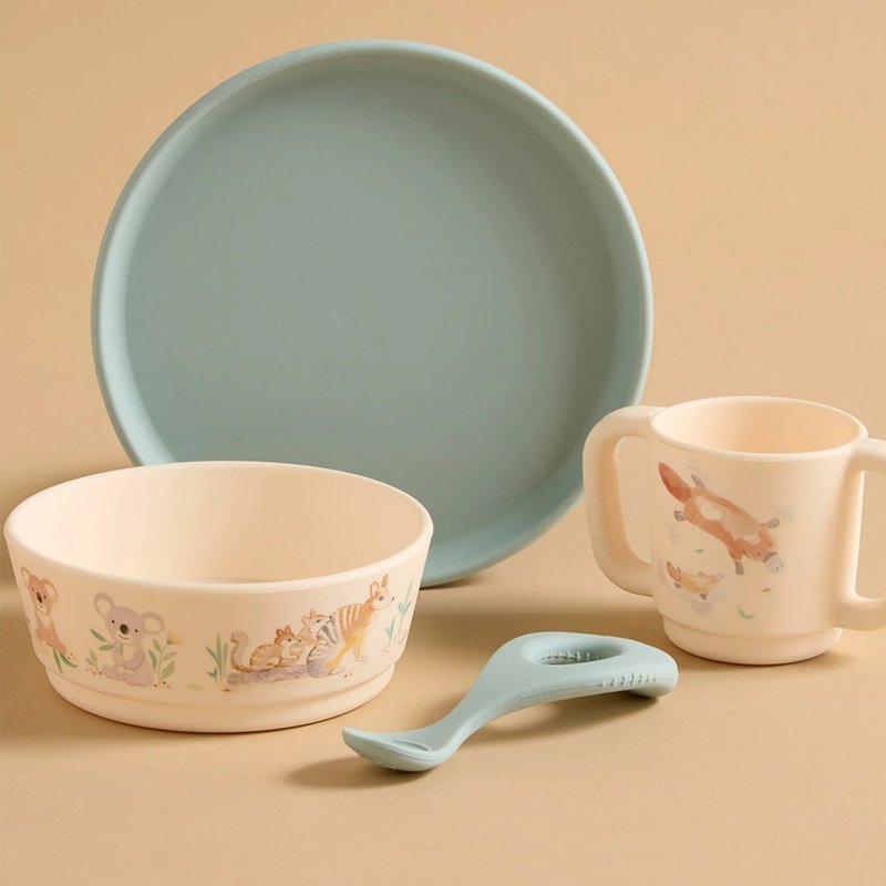 Purebaby 硅胶餐具4件组礼盒 -粉绿 - 满月礼盒 - 硅胶 绿色