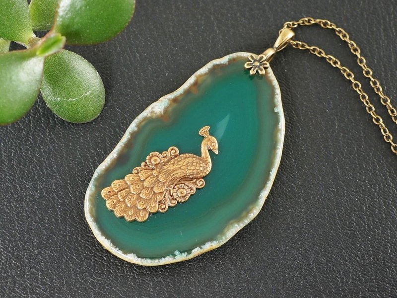 Green Agate Slice Slab Brass Peacock Dark Green Stone Pendant Necklace Jewelry - 项链 - 半宝石 绿色