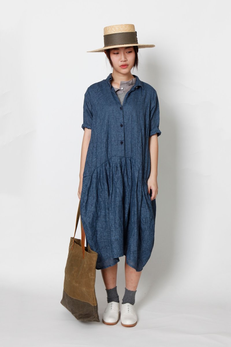 And - 时光 - 西装领开襟洋装 - 洋装/连衣裙 - 棉．麻 蓝色