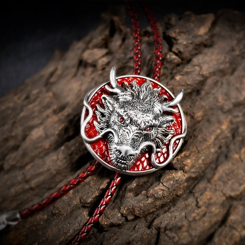 十二生肖 祥龙 龙年 保罗领带 Bolo Tie 真皮 皮革领绳 长项链 - 领带/领带夹 - 真皮 银色