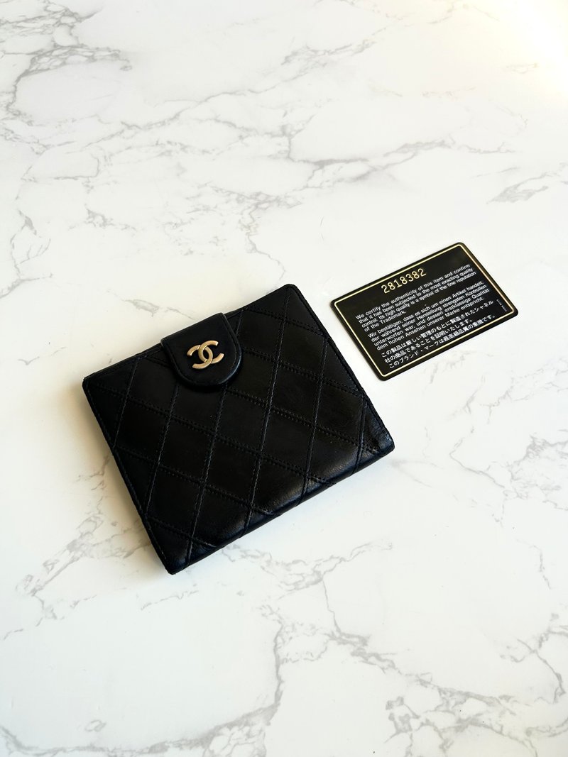 中古Chanel双面小羊皮革 黑色短夹 皮夹 钱包 小包 古董二手包 - 皮夹/钱包 - 真皮 黑色