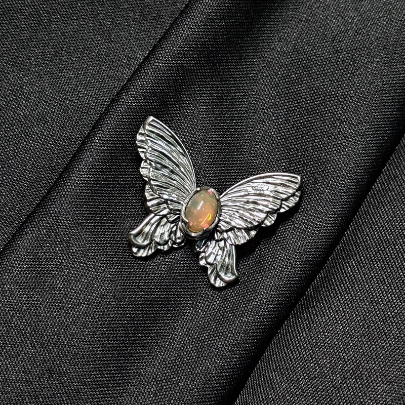 梦蝶 | 丝褶纹理蝴蝶造型别针/吊坠 - 蛋白石.S925银. - 胸针 - 宝石 橘色