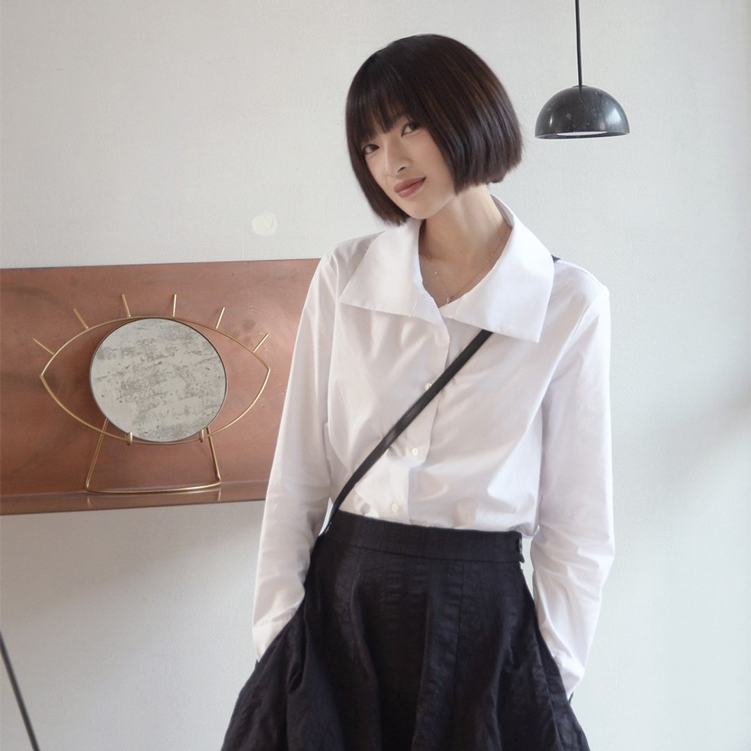 白色极简大翻领衬衣|衬衫|春款|棉|Sora-244 - 女装衬衫 - 棉 白色