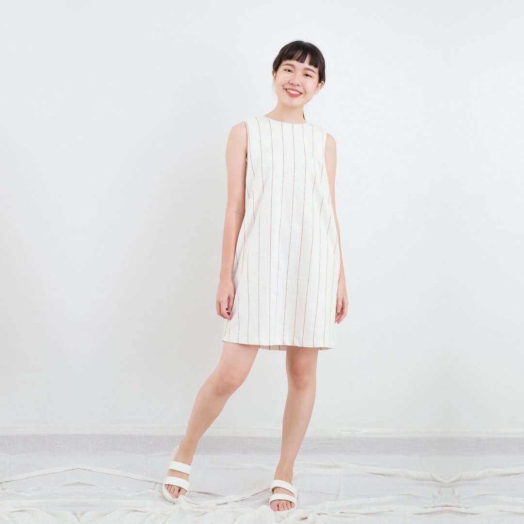 Beige Striped Rabbit Bow Linen Dress - 洋装/连衣裙 - 亚麻 卡其色