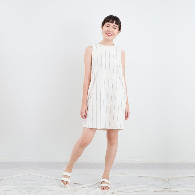 Beige Striped Rabbit Bow Linen Dress - 洋装/连衣裙 - 亚麻 卡其色