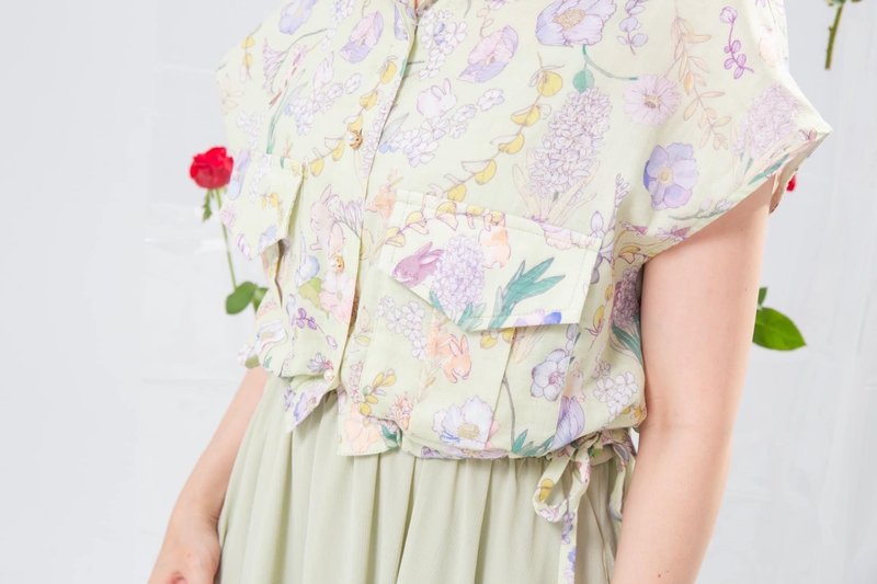 【LADY】遮手臂 口袋背心 短版衬衫 伦敦夏绿蒂 兔兔花园 - 女装衬衫 - 棉．麻 绿色