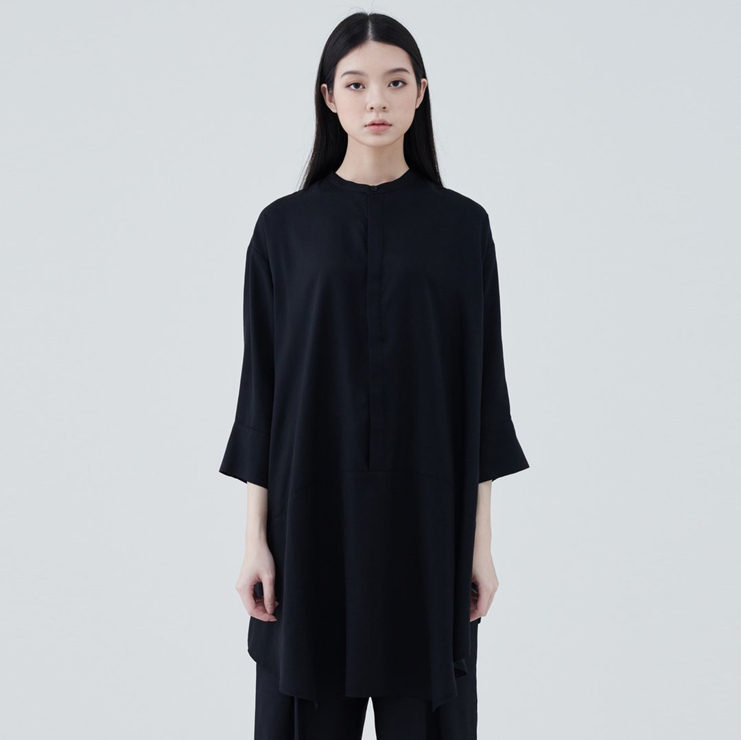 TRAN - 宽松长版衬衫 - 女装衬衫 - 棉 黑色