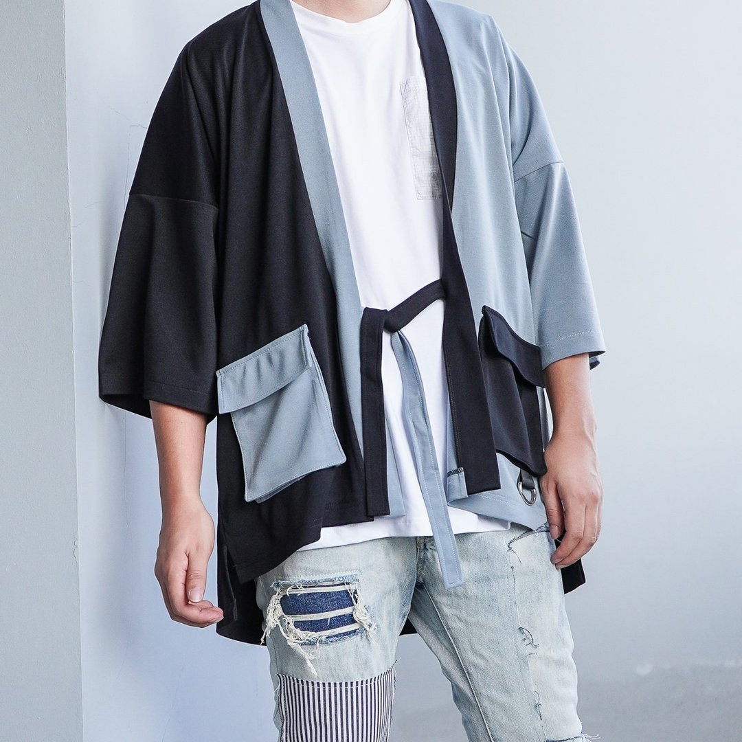 Men's Two Tone Oversized Noragi Jacket, Japan Kimono Cardigan, One Size Yukata - 男装外套 - 聚酯纤维 黑色