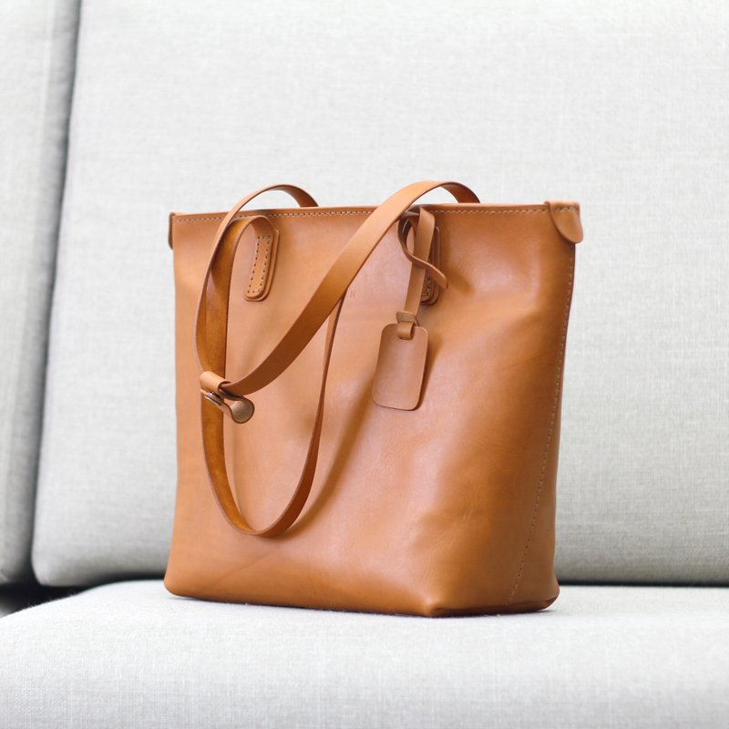 拉链托特包 tote / 肩背包 / 手提包 -- 驼黄色 - 侧背包/斜挎包 - 真皮 橘色