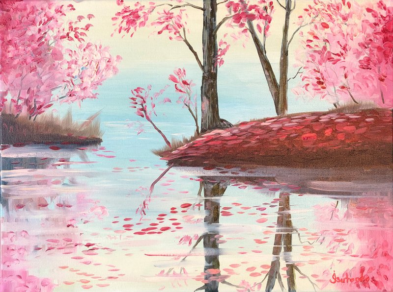Fall Trees Painting Landscape Original Art Forest Oil Artwork Lake Wall Art - 海报/装饰画/版画 - 其他材质 粉红色