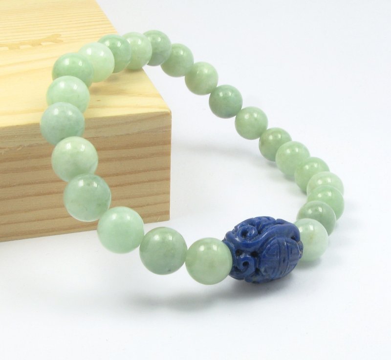 天然绿玉 配雕刻蓝色青金石 手链, 弹力绳款 - 手链/手环 - 半宝石 蓝色