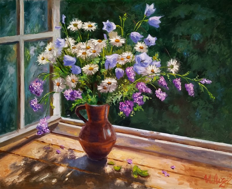 Daisy Painting Bouquet Original Art Floral Still Life Artwork Flowers Wall Art - 海报/装饰画/版画 - 其他材质 多色