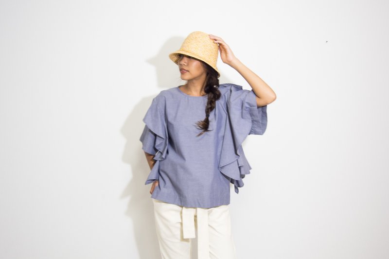 Mani Mina Blue Front Frill Top - 女装上衣 - 棉．麻 
