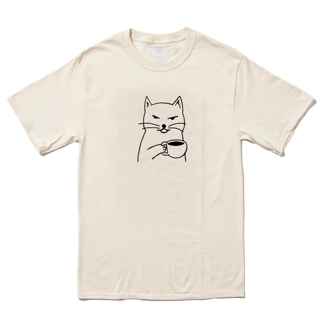 Cat Coffee 短袖T恤 米色 猫咪咖啡狗趣味猫之日礼物文青 - 男装上衣/T 恤 - 棉 卡其色