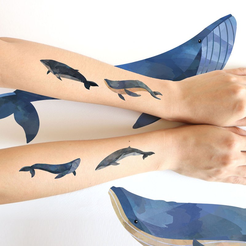 Blue whale sticker tattoos set. Watercolor painting style.(4 pcs /set) - 纹身贴 - 纸 蓝色